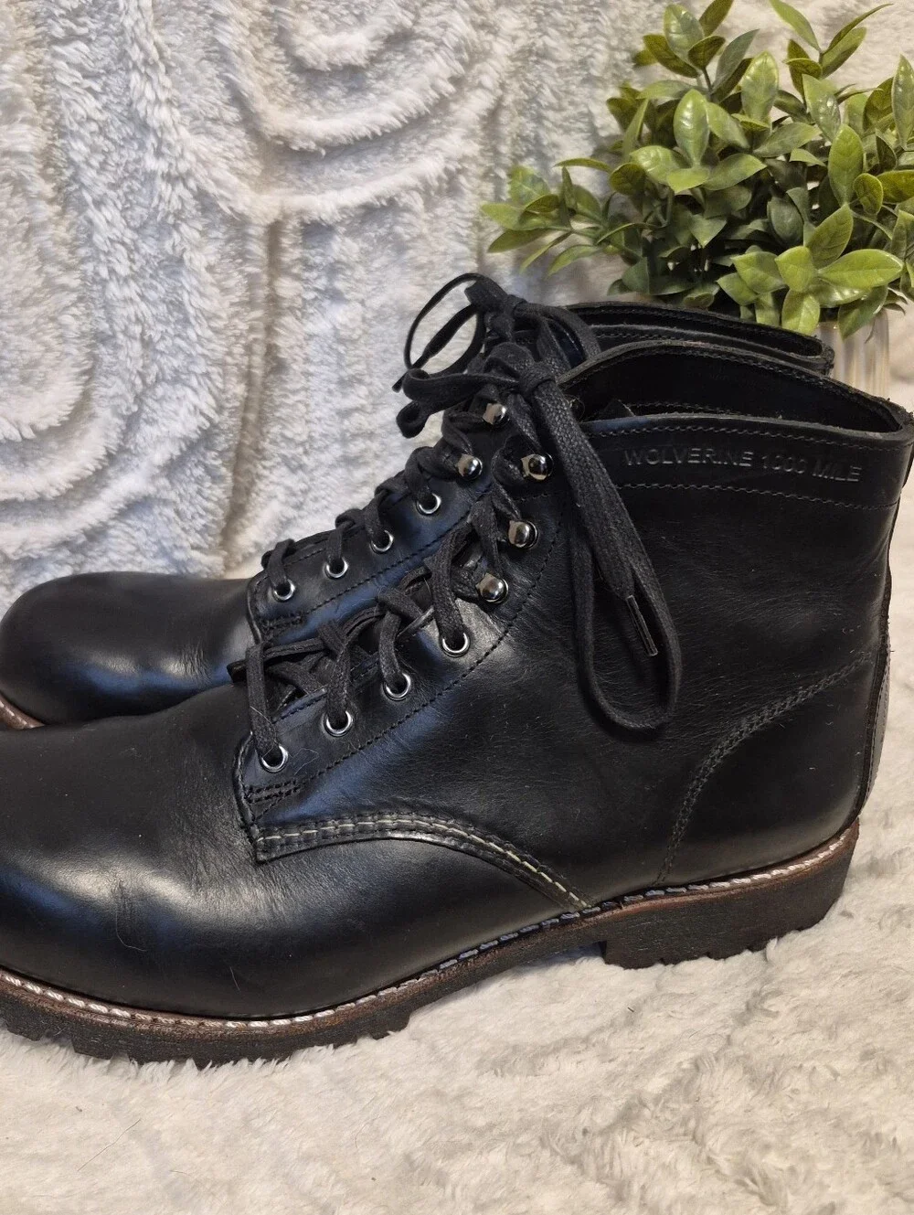Wolverine 1000 Mile Plain Toe Rugged Boots Black Leather Lace Up Men's Sz 12 EUC